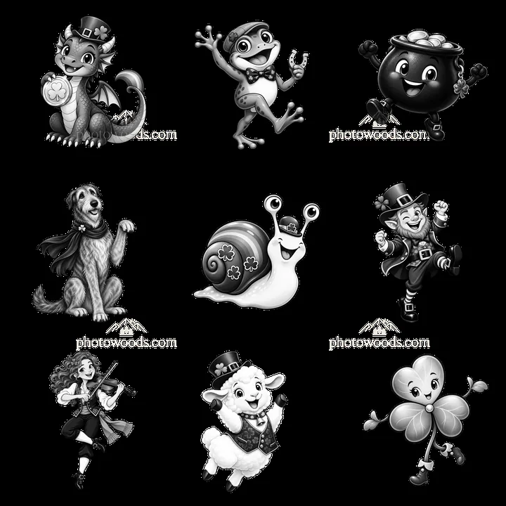 Cartoon characters celebrating St. Patrick's Day in black and white - AI-generated stock image
