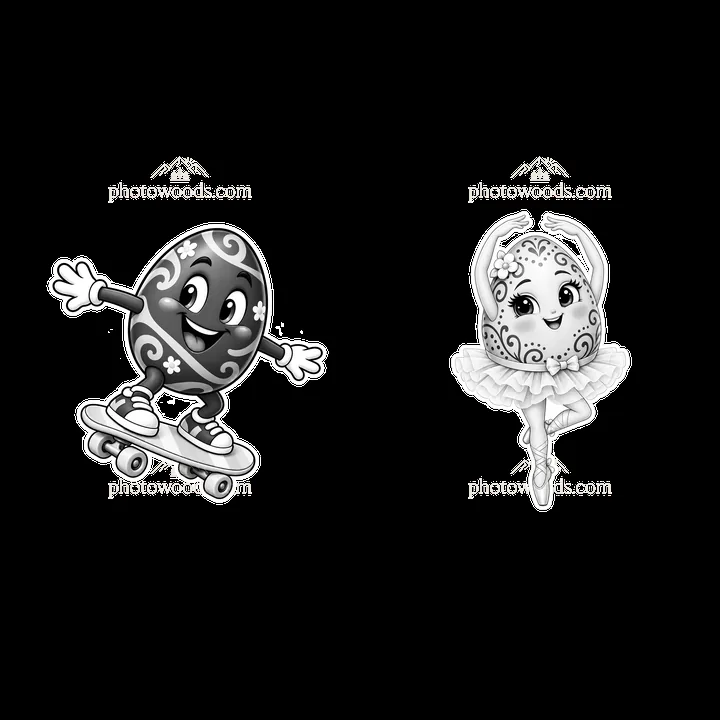 Skateboarding and dancing Easter eggs in black and white - AI-generated stock image
