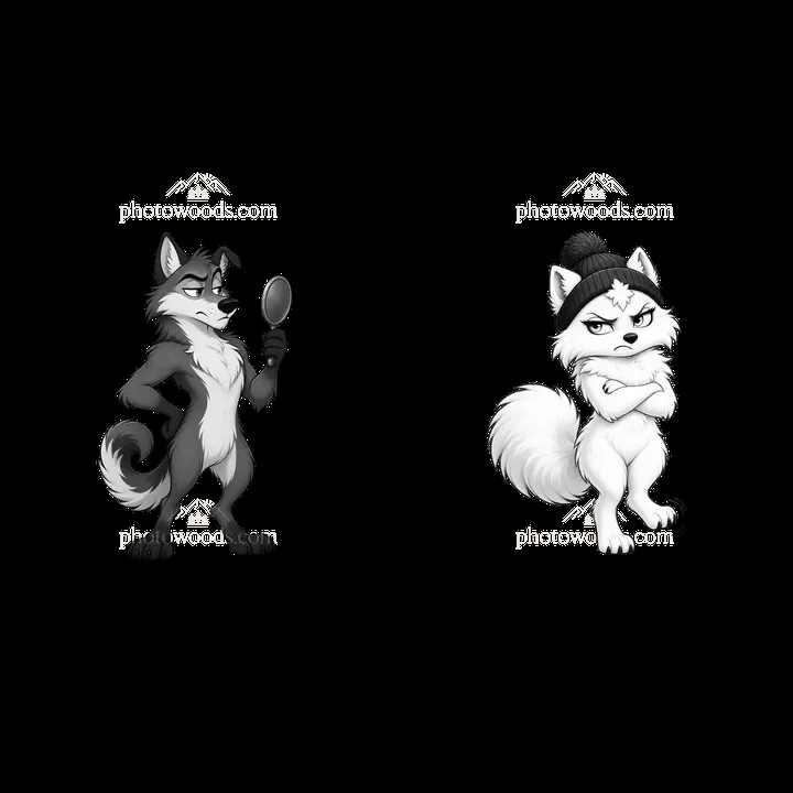 Grumpy wolf characters with playful expressions and props - AI-generated stock image