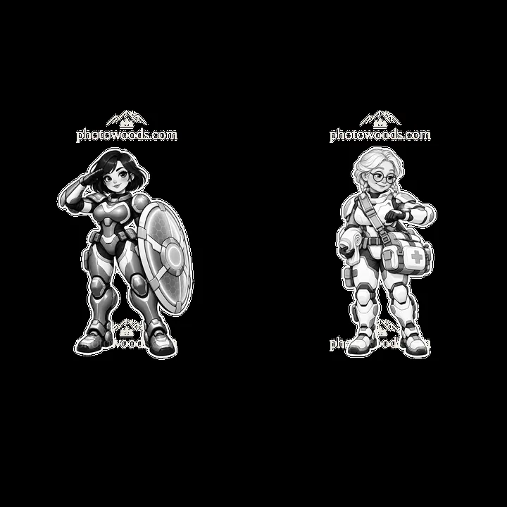 Kawaii futuristic super-soldiers with shield and first aid kit - AI-generated stock image