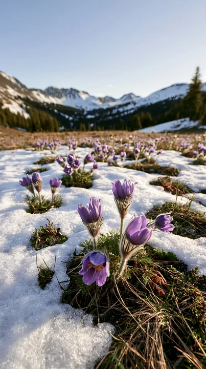 Snowy highland meadow with blooming purple flowers - AI-generated stock image