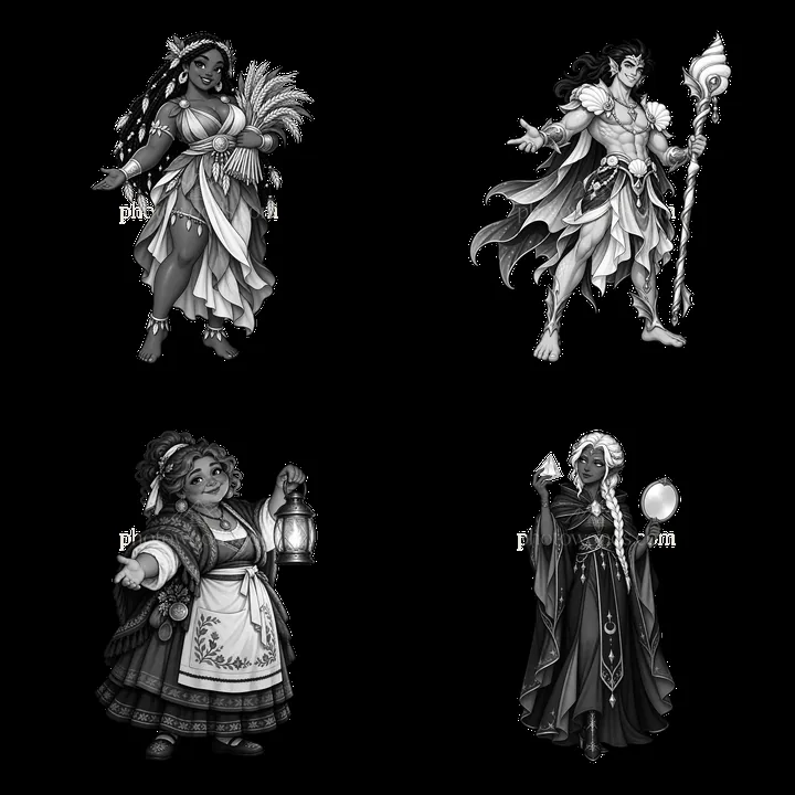 Pagan gods group in monochrome cartoon sticker illustration - AI-generated stock image