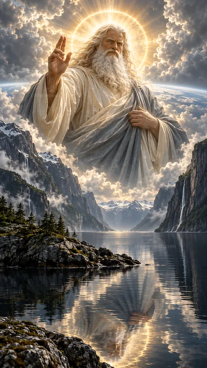 Jesus Christ appearing in a majestic natural setting - AI-generated stock image