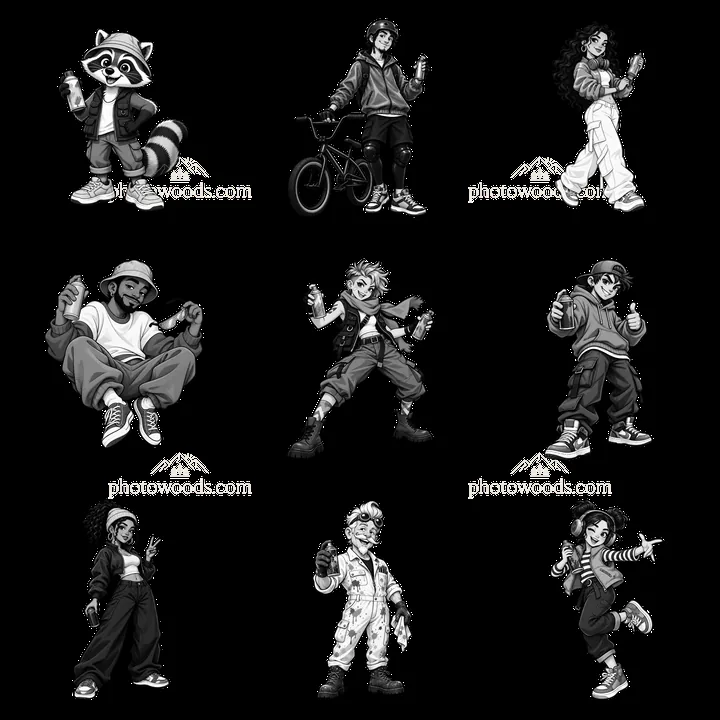 Cool graffiti sprayers posing in black-and-white cartoon style - AI-generated stock image