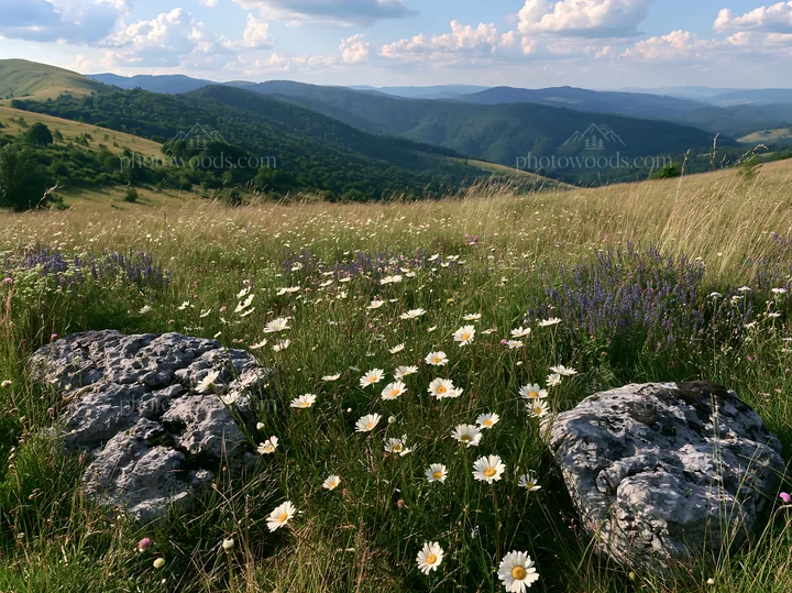 Meadow with boulders and flowers under cloudy sky - AI-generated stock image
