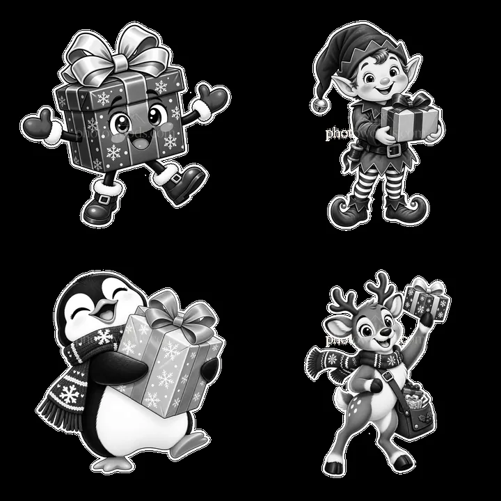 Cartoon characters holding Christmas presents in a square layout - AI-generated stock image