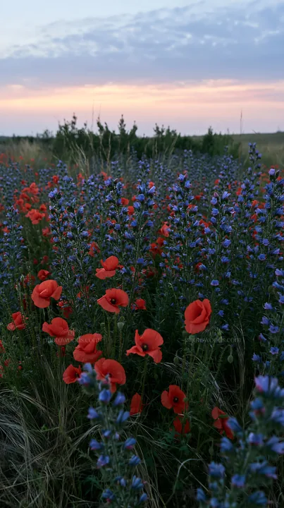 Poppy and viper's-bugloss meadow at dusk - AI-generated stock image