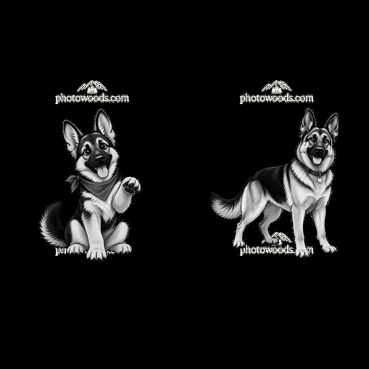 Cartoon stickers of two German Shepherd dogs in monochrome style - AI-generated stock image