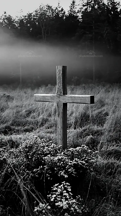 Carved oak cross in a frosted meadow at dawn - AI-generated stock image