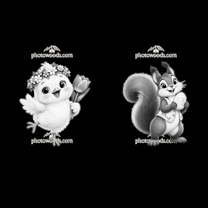 Chick with flower and squirrel with ice cream in Easter meadow - AI-generated stock image