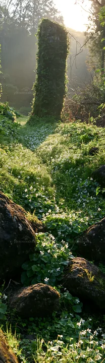 Miyagi spring recovery meadow mossy stone with flowers - AI-generated stock image