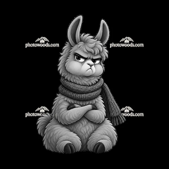 Grumpy llama with scarf sitting with crossed arms in monochrome - AI-generated stock image