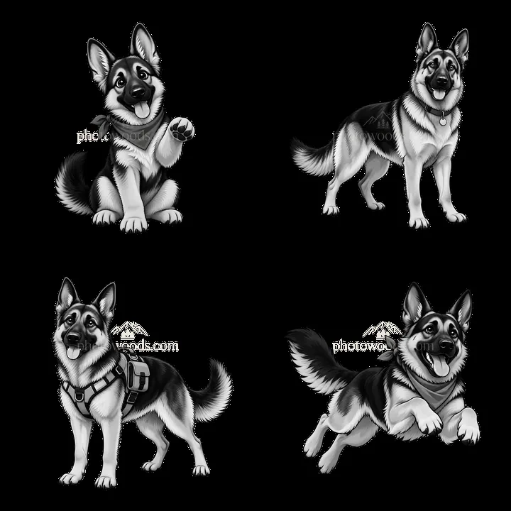Four playful German Shepherd dog cartoon stickers in black and white - AI-generated stock image