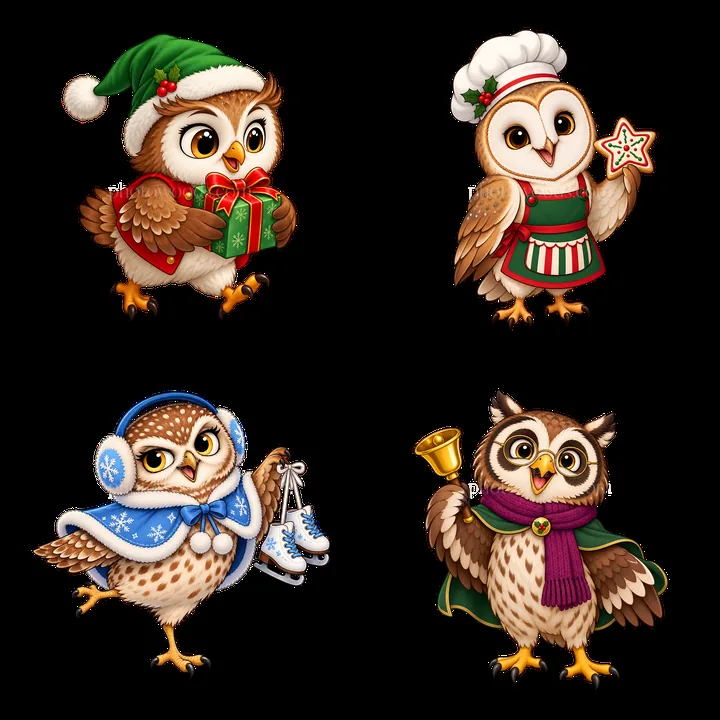 Christmas owls in festive activities with gifts and decorations - AI-generated stock image