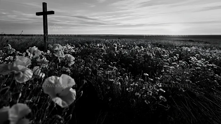 Christian cross in meadow at sunrise with flowers - AI-generated stock image