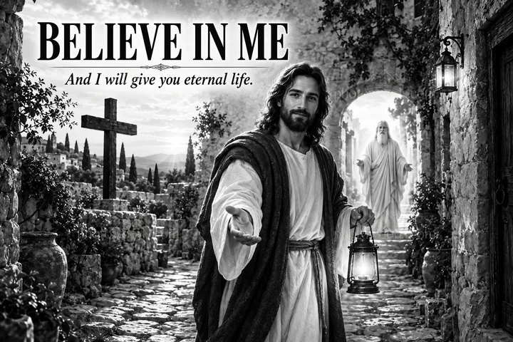 Jesus Christ offering guidance with a lantern in a serene setting - AI-generated stock image