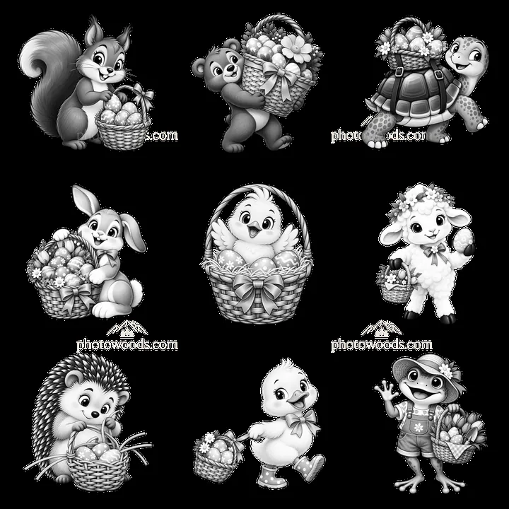 Cute animal characters with Easter baskets in a grid layout - AI-generated stock image