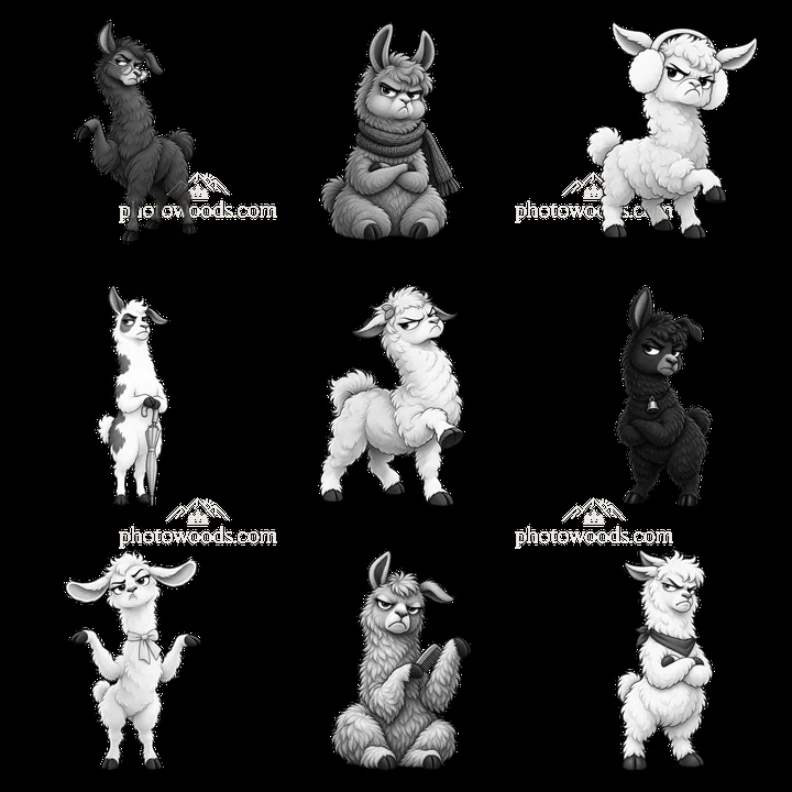 Grumpy llama stickers in a 3x3 grid layout - AI-generated stock image