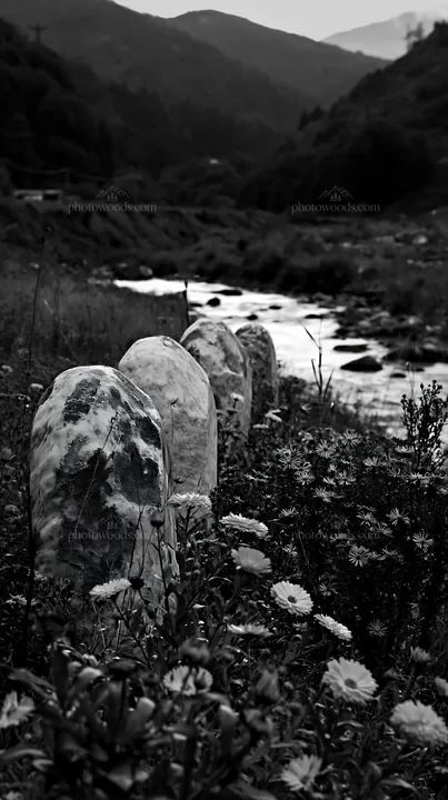 Christmas ornaments above stream in meadow - AI-generated stock image