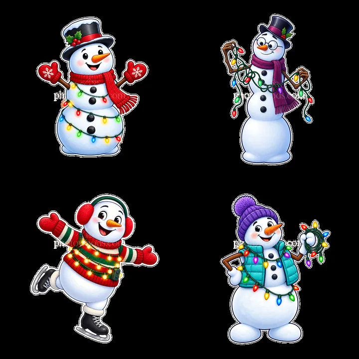 Snowmen in festive outfits with string lights in a 2x2 layout - AI-generated stock image