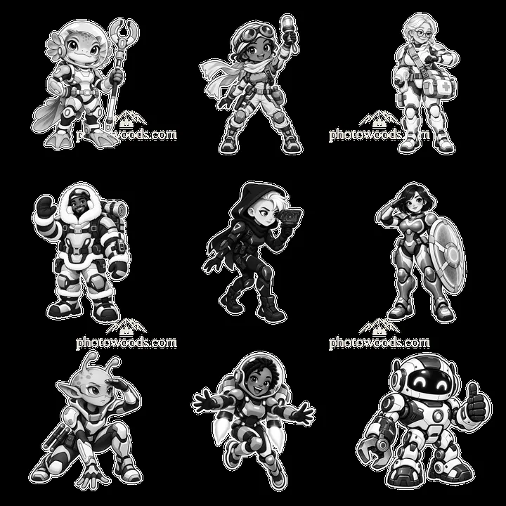 Kawaii futuristic super-soldiers in monochrome illustration - AI-generated stock image