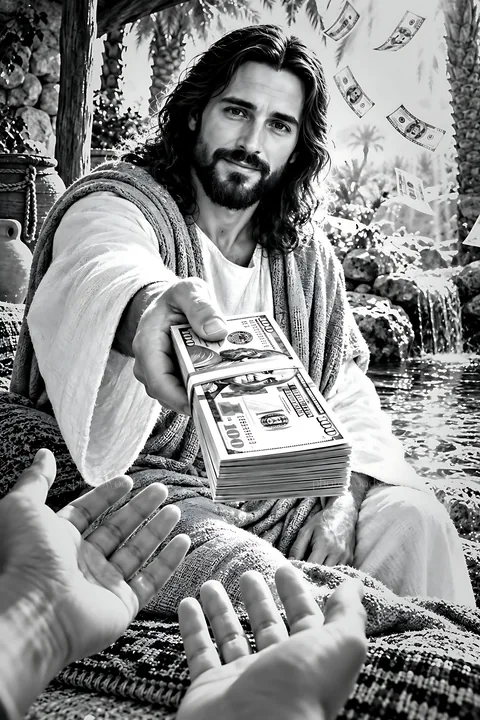 Cash exchange at a shelter in the desert - AI-generated stock image