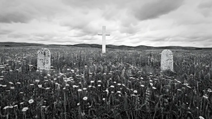 Christian cross in meadow with stones and flowers - AI-generated stock image