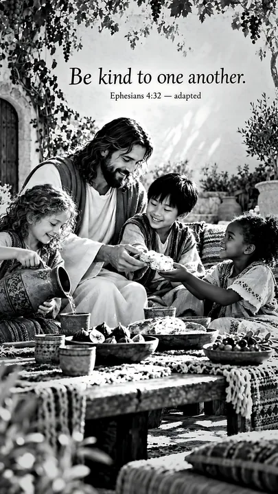 Jesus Christ sharing a meal with children - AI-generated stock image