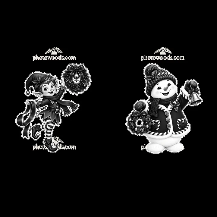 Christmas elf and snowman holding wreaths in black and white - AI-generated stock image