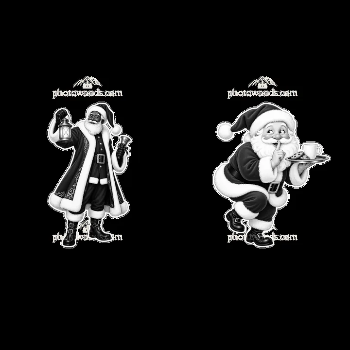Santa Claus with lantern and Santa eating cookies - AI-generated stock image