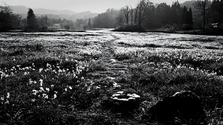 Black and white miyagi spring recovery meadow mossy stone in sunny landscape - AI-generated stock image