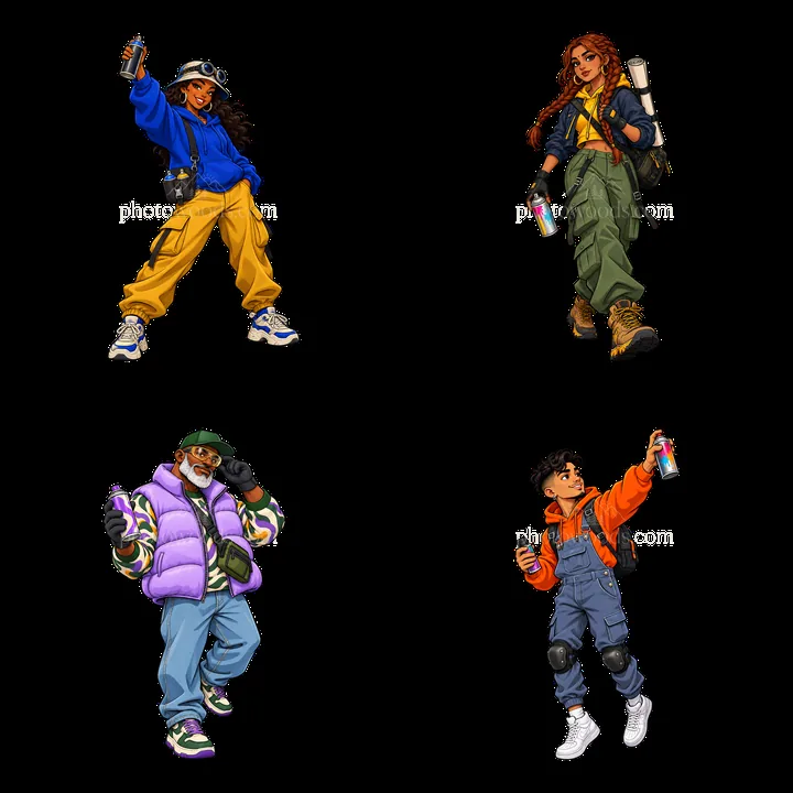Colorful streetwear characters with spray cans in a graffiti setting - AI-generated stock image