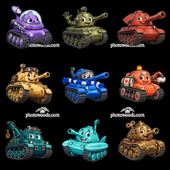 Cartoon tanks in various colors and expressions in a 3x3 layout - AI-generated stock image
