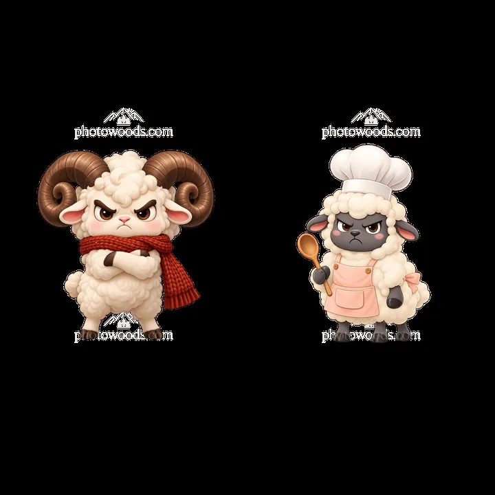 Kawaii grumpy sheep character stickers in playful poses - AI-generated stock image