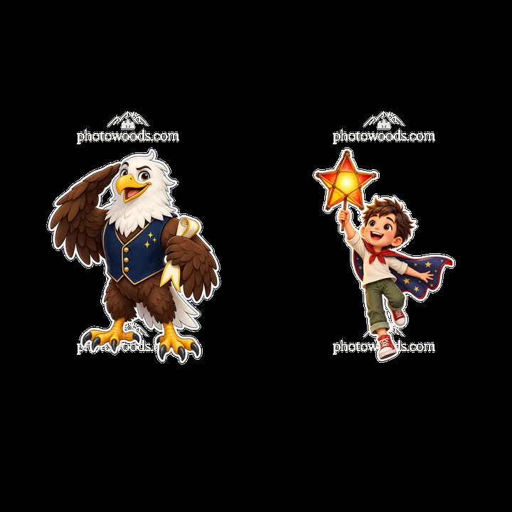Eagle character and boy with star stick in patriotic design - AI-generated stock image