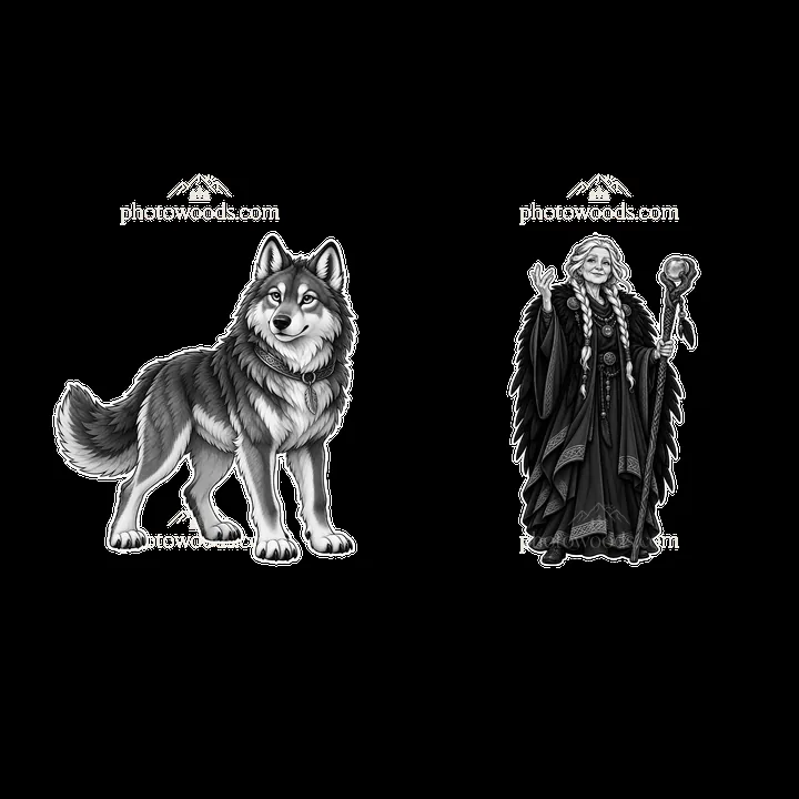 Odin and Fenrir: Cartoon Norse characters in black and white - AI-generated stock image
