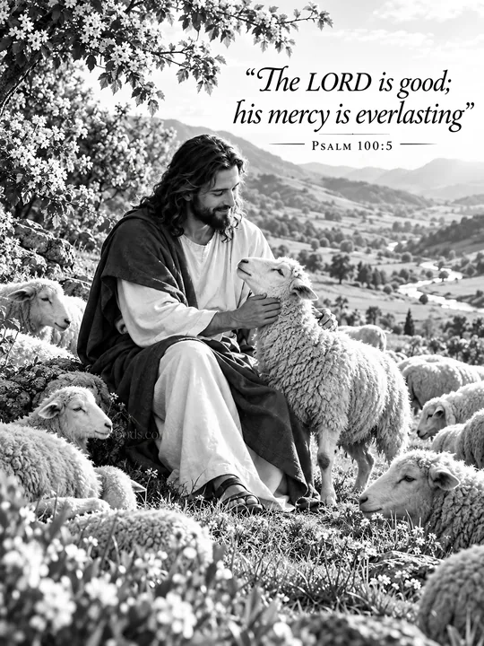 Jesus Christ comforting a lamb among sheep - AI-generated stock image