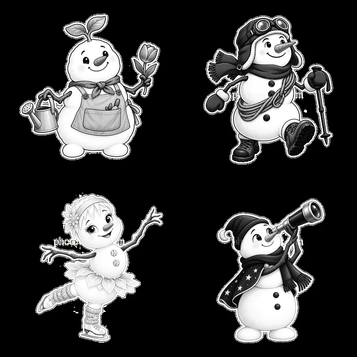 Four cartoon snowmen engage in different winter activities - AI-generated stock image
