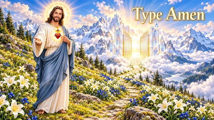 Depiction of religious figure near beautiful mountain landscape - AI-generated stock image