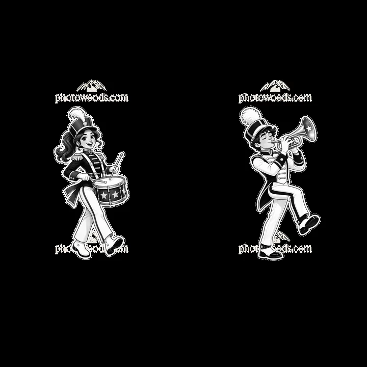 Musical parade characters with drum and trumpet in black and white - AI-generated stock image