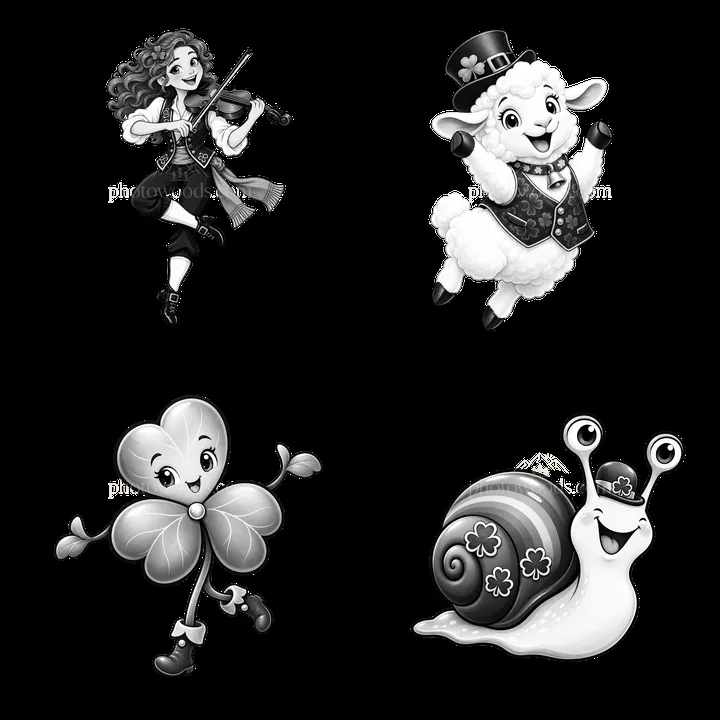 St. Patrick's Day stickers: musician, sheep, shamrock, snail - AI-generated stock image