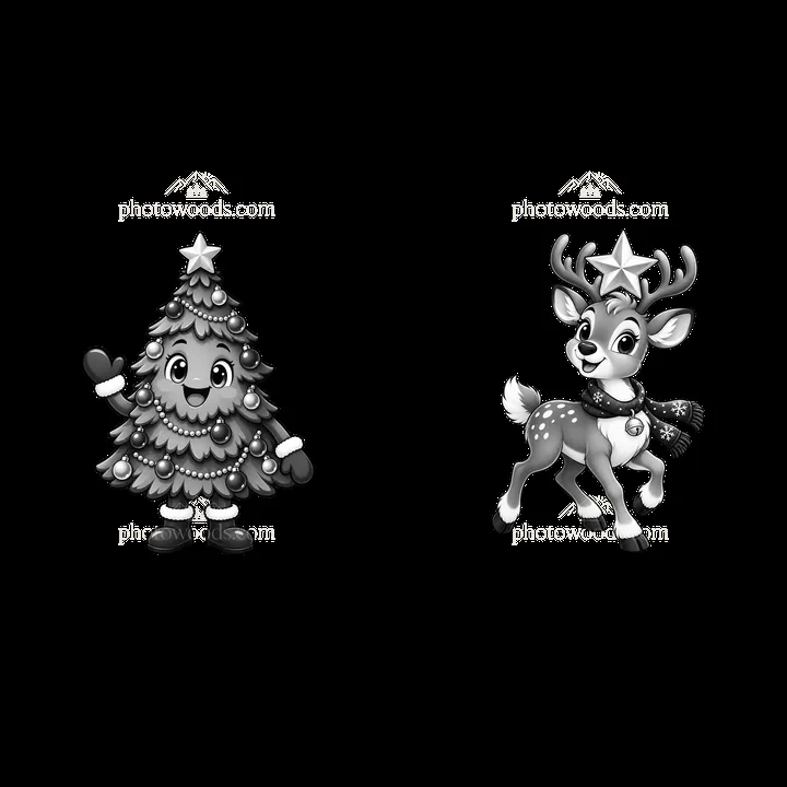 Cartoon Christmas tree and reindeer with festive accessories - AI-generated stock image
