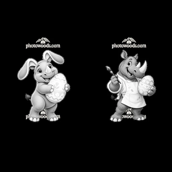 Easter rhinoceros and bunny painting eggs in a cartoon style - AI-generated stock image