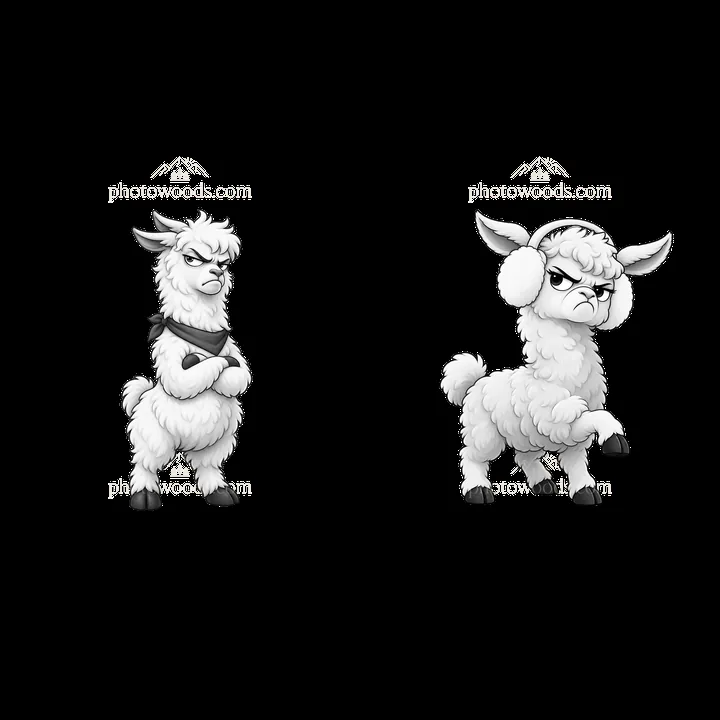 Grumpy llama characters in black-and-white cartoon illustration - AI-generated stock image