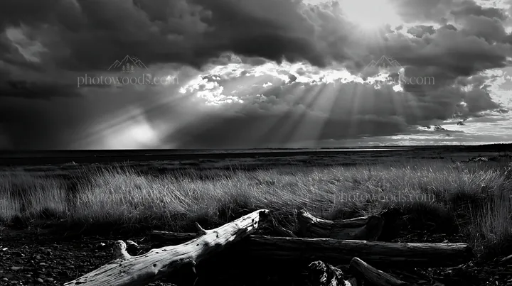 Chiba coastal meadow with driftwood and dramatic sky - AI-generated stock image