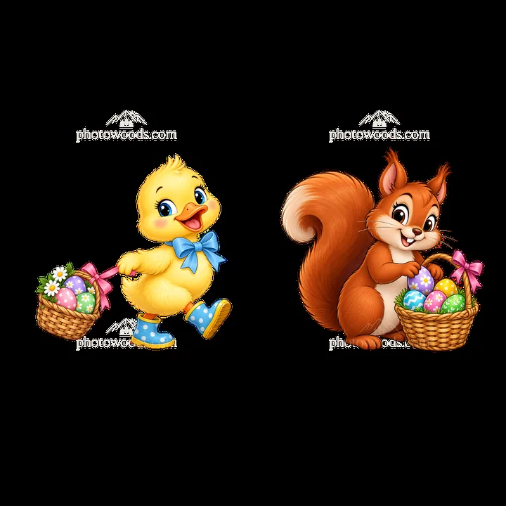 Yellow duck and brown squirrel with Easter baskets in spring - AI-generated stock image