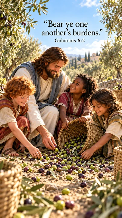 Jesus Christ sharing olives with children in a garden - AI-generated stock image