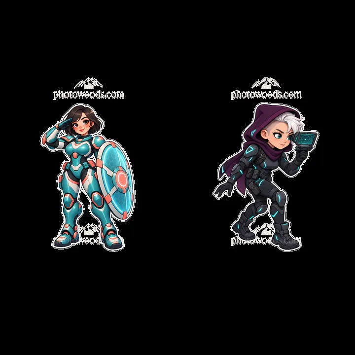 Kawaii futuristic super-soldier characters in action poses - AI-generated stock image