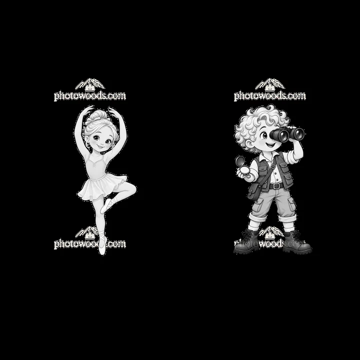 Blond child ballet dancer and explorer with binoculars sticker pair - AI-generated stock image