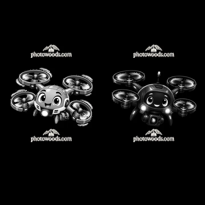 Cartoon drones with smiling faces and cameras flying together - AI-generated stock image